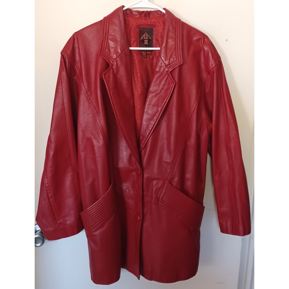 Vintage G-III Women Red Genuine Leather Blazer Trench Coat Medium Paisley Lining